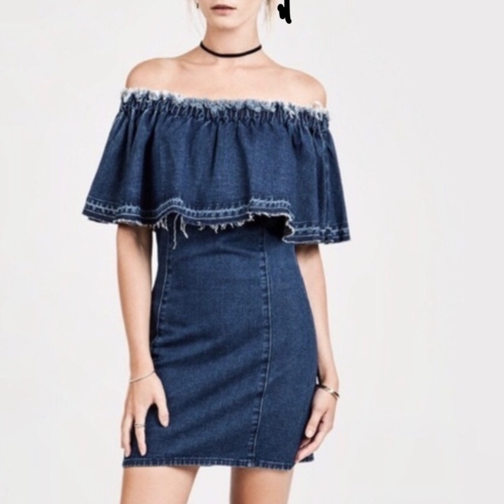 JOA Los Angelos Off Shoulder Denim Dress, Lg NWOT